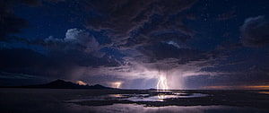 Dramatic Night Lightning Storm Over Reflective Desert Landscape With Distant Mountains HD wallpaper
