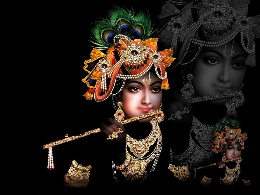 Lord Krishna Playing Flute with Peacock Crown and Gold Jewelry on Black Background HD wallpaper