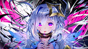 Silver-Haired Anime Girl with Star Crown and Wings in Vibrant Pink and Blue Abstract Art HD wallpaper