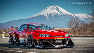 Red LB-Performance Nissan Skyline GT-R R34 with Mount Fuji Background, Liberty Walk creates Super Silhouette, liberty walk r34 skyline HD wallpaper