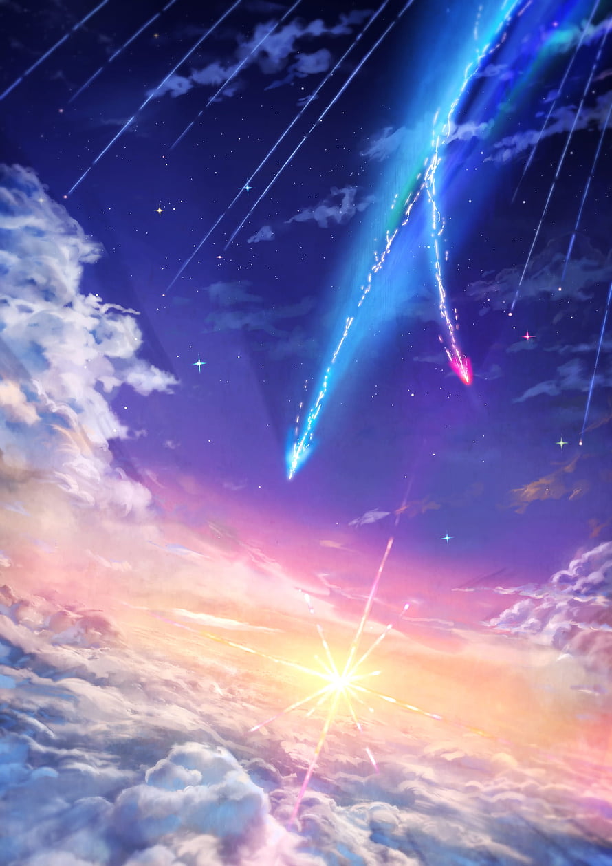 Your Name Anime Sky Scene with Meteor Shower and Starburst Over Clouds HD phone wallpaper