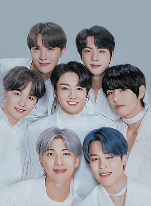 BTS Group Portrait in White Attire with Soft Studio Lighting HD phone wallpaper