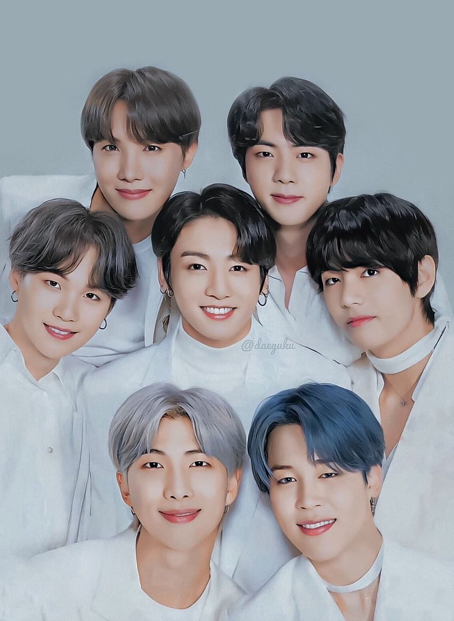 BTS Group Portrait in White Attire with Soft Studio Lighting HD phone wallpaper