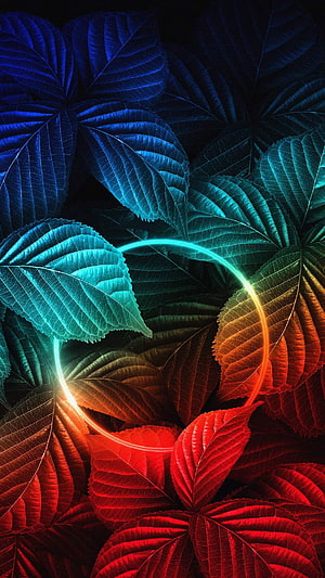 Vibrant Neon Leaves With Glowing Light Trail Abstract Nature Wallpaper HD phone wallpaper
