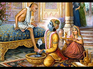 Krishna Washing Sudama's Feet in a Royal Palace Setting HD wallpaper
