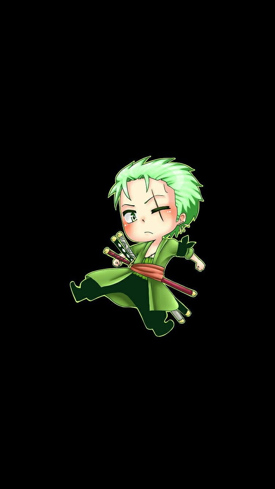 Chibi Roronoa Zoro in Green Outfit with Swords on Black Background HD phone wallpaper