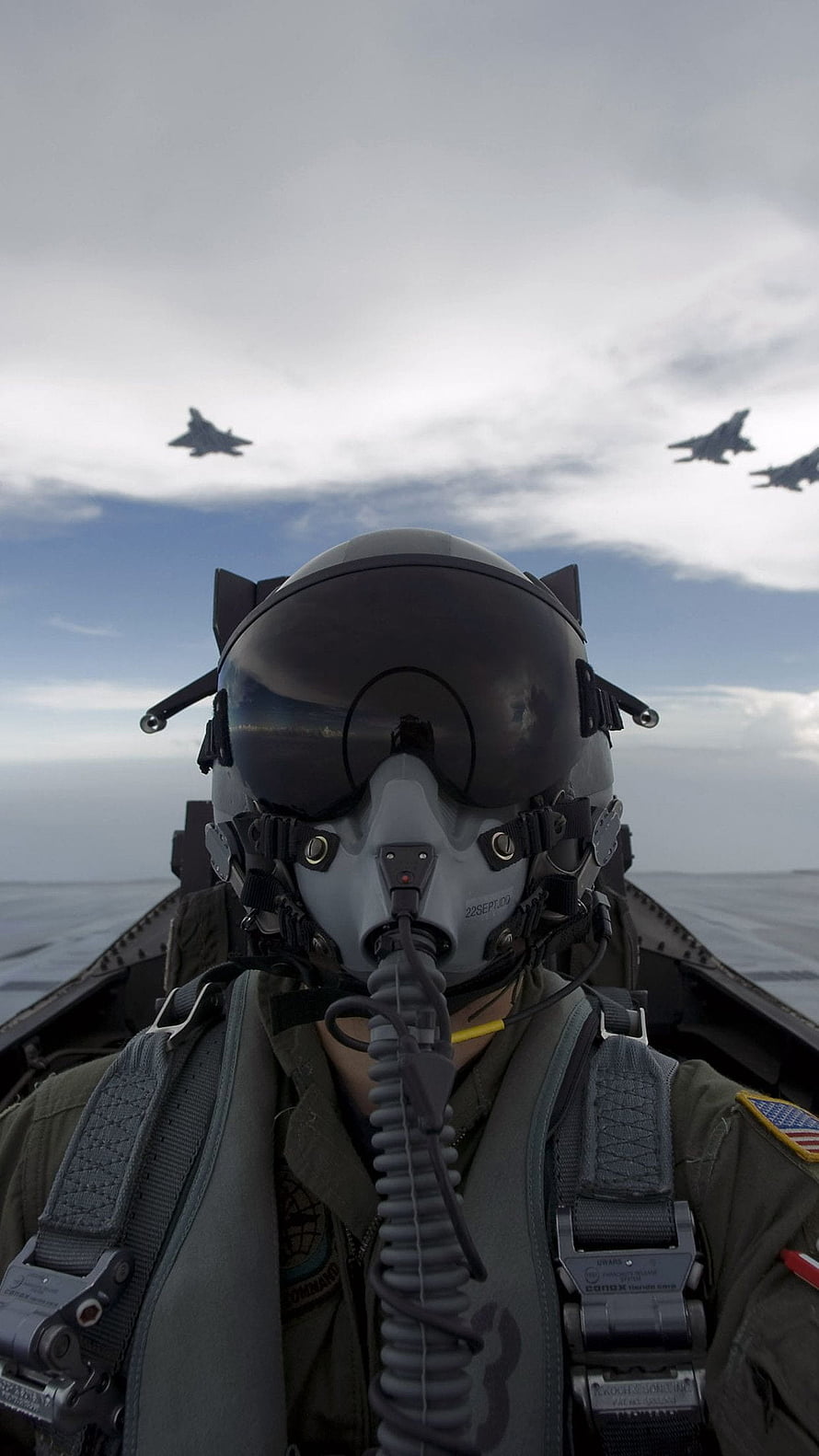 Fighter Pilot in Cockpit with F-15 Formation Flying Over the Ocean HD phone wallpaper