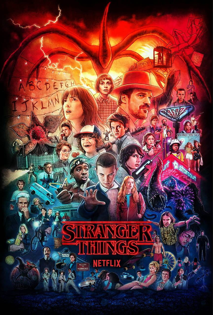 Stranger Things Netflix Poster Art Featuring Main Characters and Upside Down Monster HD phone wallpaper