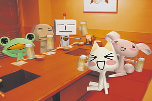 Bearzooka and Toro Inoue Characters Enjoying Beer at a Cozy Japanese Izakaya HD wallpaper