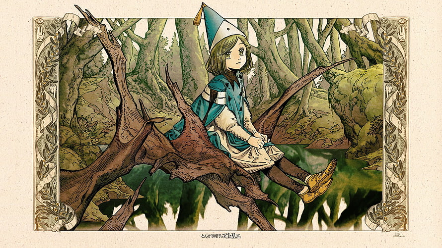 Witch Hat Atelier character illustration in a forest setting with ornate decorative border HD wallpaper