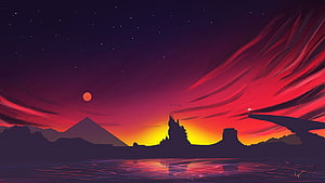 Fantasy Landscape With Castle Silhouette And Vibrant Sunset Over Water HD wallpaper