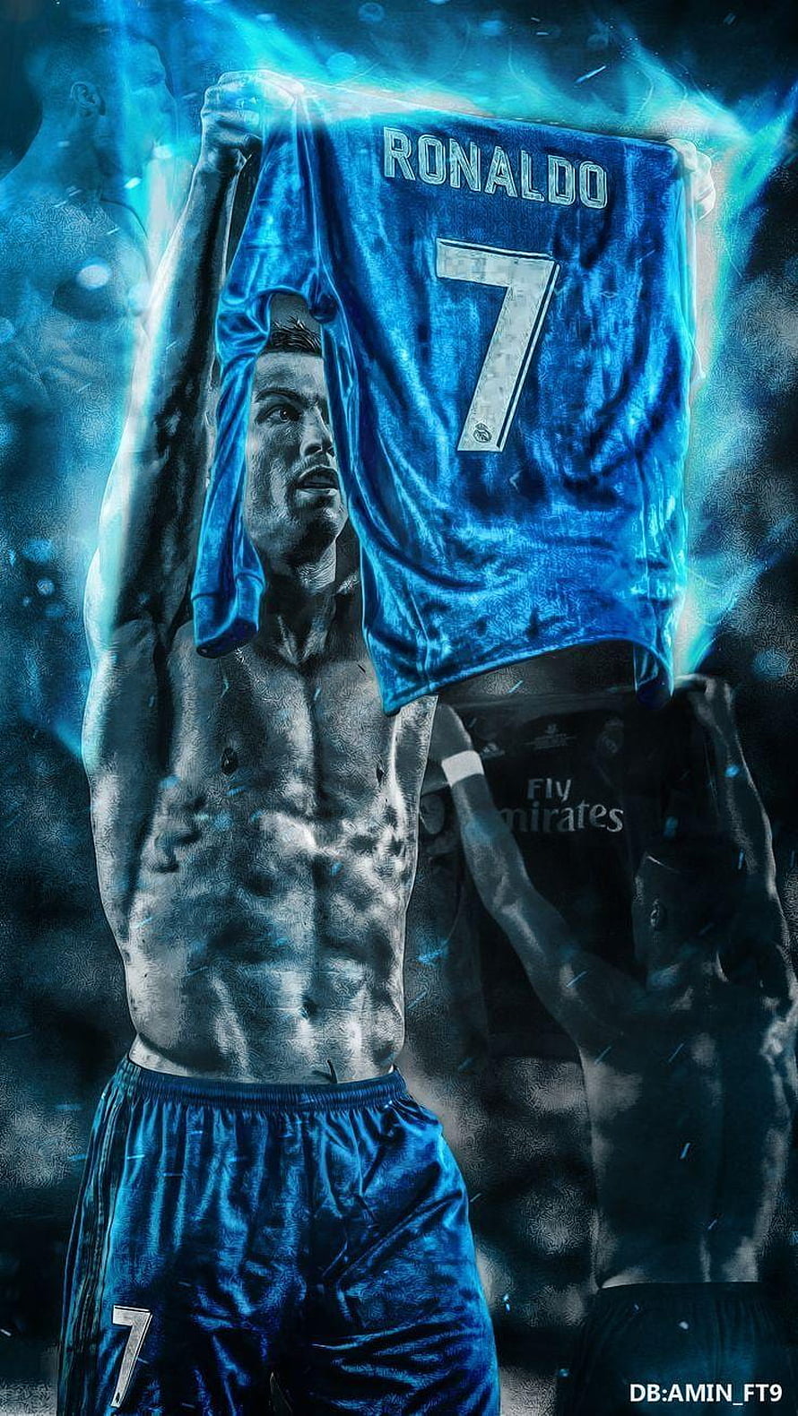 Cristiano Ronaldo holding Real Madrid jersey number 7 with blue glowing effects HD phone wallpaper