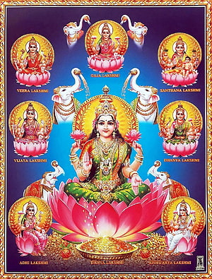 Ashta Lakshmi Hindu Deity Illustration with Eight Forms of Goddess Lakshmi on Lotus HD phone wallpaper