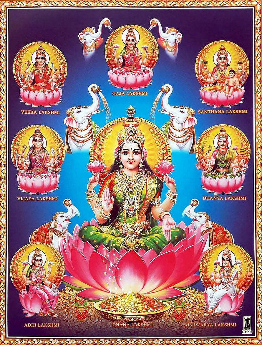 Ashta Lakshmi Hindu Deity Illustration with Eight Forms of Goddess Lakshmi on Lotus HD phone wallpaper