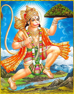 Lord Hanuman Carrying Dronagiri Mountain Hindu Mythology Art, Hanuman flying through the air with the mountain in his hand, flying hanuman HD phone wallpaper