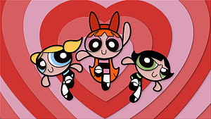 Powerpuff Girls Cartoon Characters Flying Over Layered Red Heart Background HD wallpaper