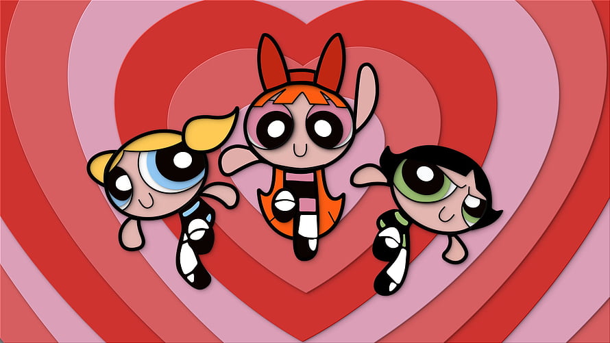 Powerpuff Girls Cartoon Characters Flying Over Layered Red Heart Background HD wallpaper