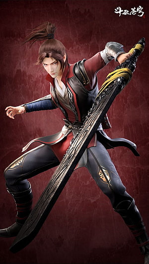 Xiao Yan wielding a massive black sword in a dynamic combat stance from Battle Through the Heavens HD phone wallpaper