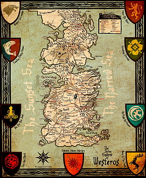 Westeros Map from Game of Thrones with House Sigils and Mottos HD phone wallpaper