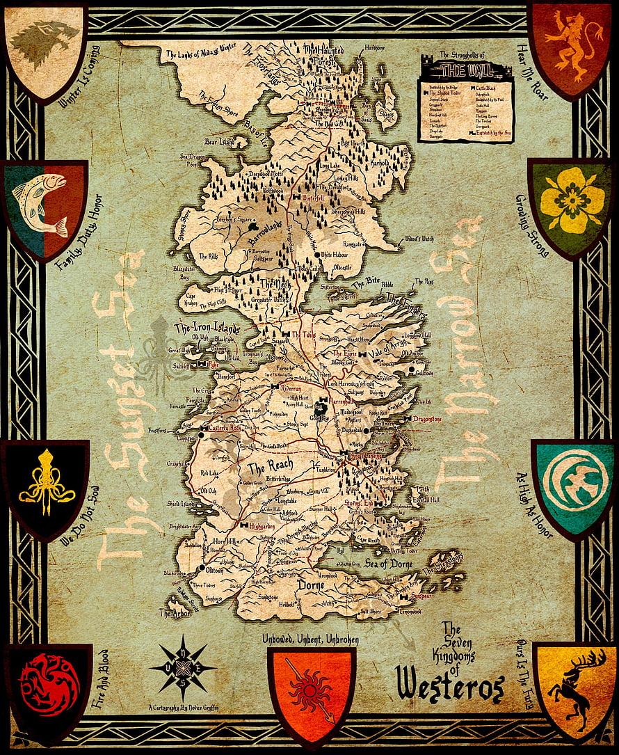 Westeros Map from Game of Thrones with House Sigils and Mottos HD phone wallpaper