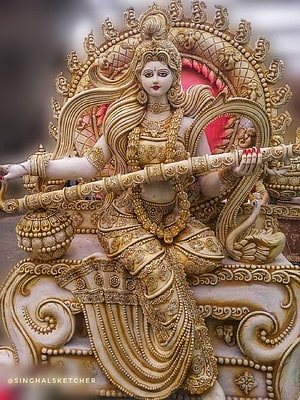Golden Saraswati Statue Playing Veena on Swan Vahana HD phone wallpaper