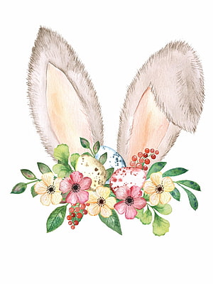 Watercolor Easter Bunny Ears with Spring Flowers and Decorated Eggs HD phone wallpaper