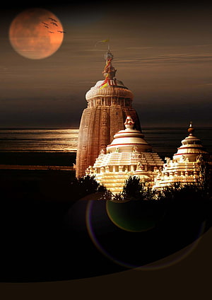 Puri Jagannath Temple at Sunset with Full Moon and Ocean View HD phone wallpaper