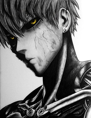Genos Android Character Portrait with Cracked Skin and Yellow Eyes HD phone wallpaper