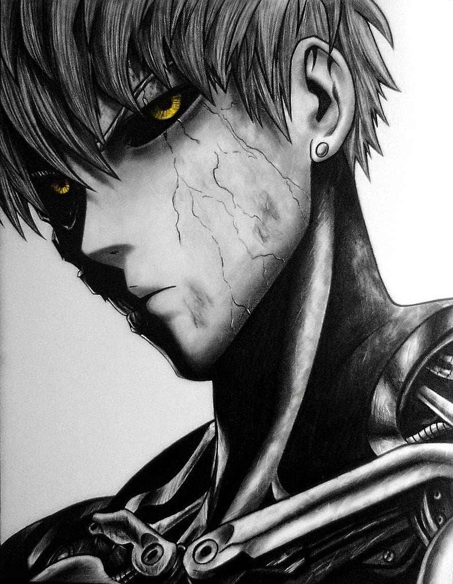 Genos Android Character Portrait with Cracked Skin and Yellow Eyes HD phone wallpaper