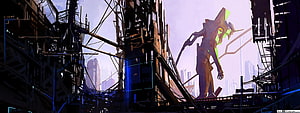 Giant Evangelion Unit-01 Robot Standing in Futuristic Cyberpunk Cityscape HD wallpaper