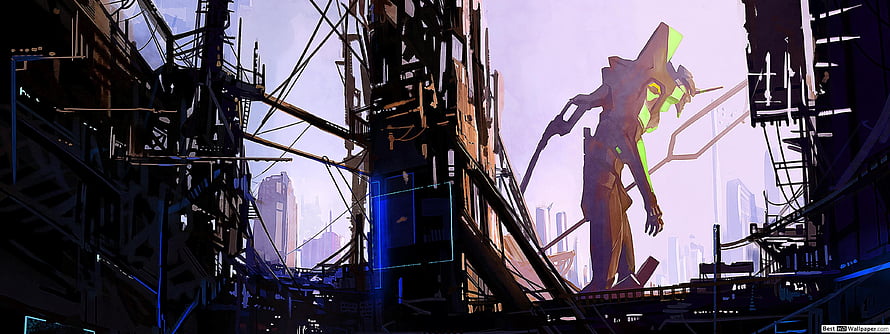 Giant Evangelion Unit-01 Robot Standing in Futuristic Cyberpunk Cityscape HD wallpaper