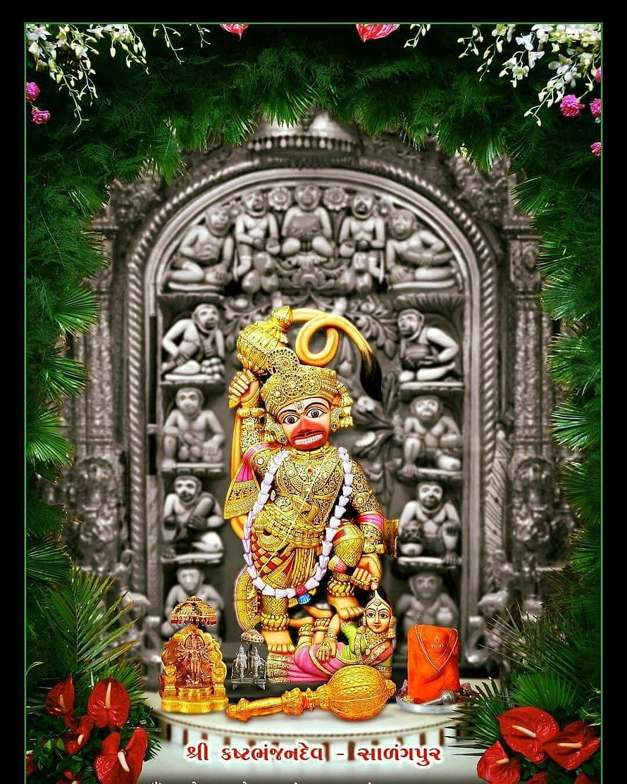 Sri Hanuman Sarangpur Temple Deity with Golden Mace and Floral Decor, Sarangpur posted by Michelle Cunningham, kastbhanjan HD phone wallpaper