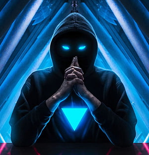 Mysterious Hooded Figure with Glowing Blue Eyes and Inverted Triangle Symbol HD phone wallpaper