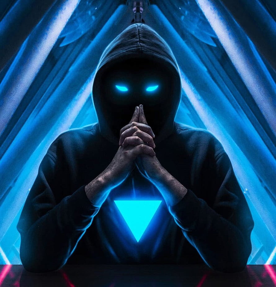 Mysterious Hooded Figure with Glowing Blue Eyes and Inverted Triangle Symbol HD phone wallpaper