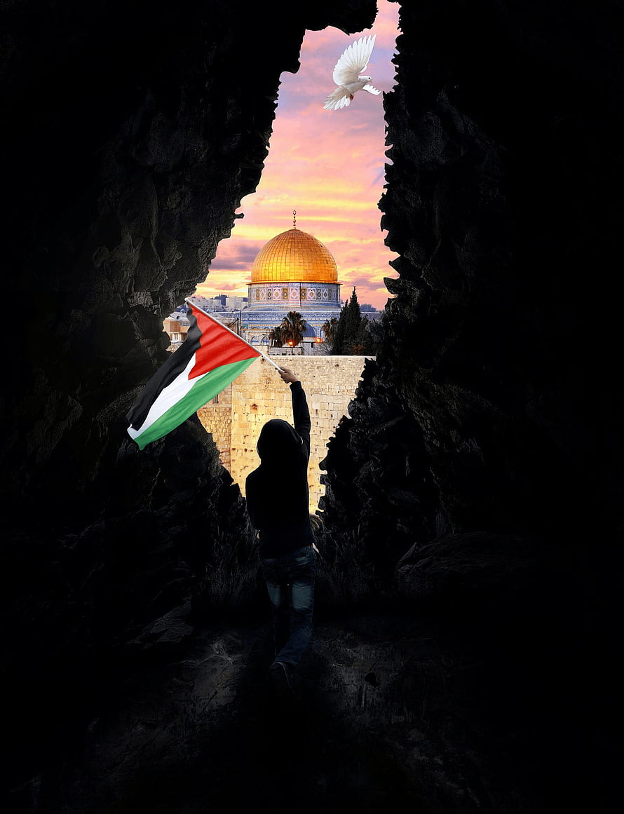 Palestinian Flag Holder Silhouette With Dome Of The Rock And White Dove At Sunset HD phone wallpaper