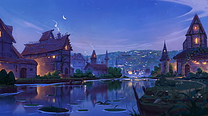 Stylized Fantasy Village at Night with Moonlit River and Glowing Cottages HD wallpaper