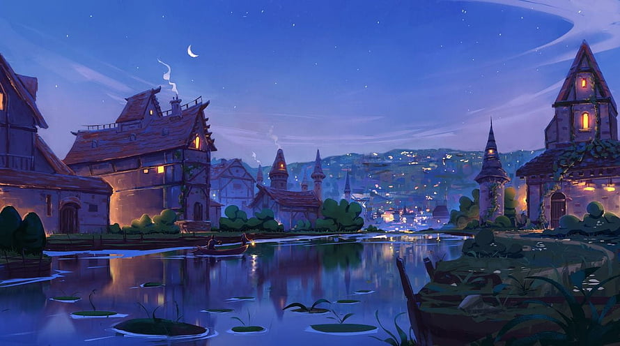 Stylized Fantasy Village at Night with Moonlit River and Glowing Cottages HD wallpaper