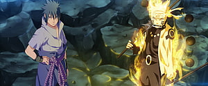 Naruto and Sasuke Confrontation in Dark Cavern with Golden Aura HD wallpaper