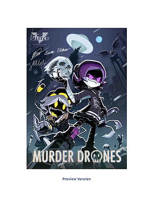 Murder Drones Anime Poster Featuring V and Uzi in Dark Cyberpunk Setting HD phone wallpaper
