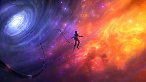 Lone Astronaut Drifting Through Vibrant Nebula and Swirling Galaxy HD wallpaper