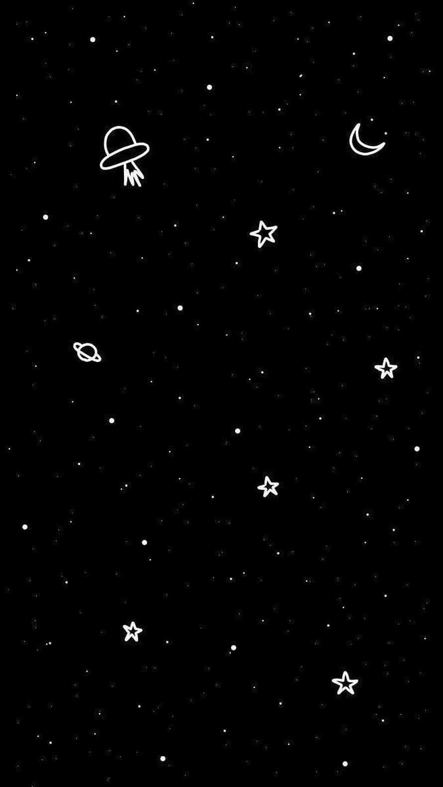 Minimalist Doodle Space Wallpaper with Stars, Moon, and UFO on Black Background HD phone wallpaper