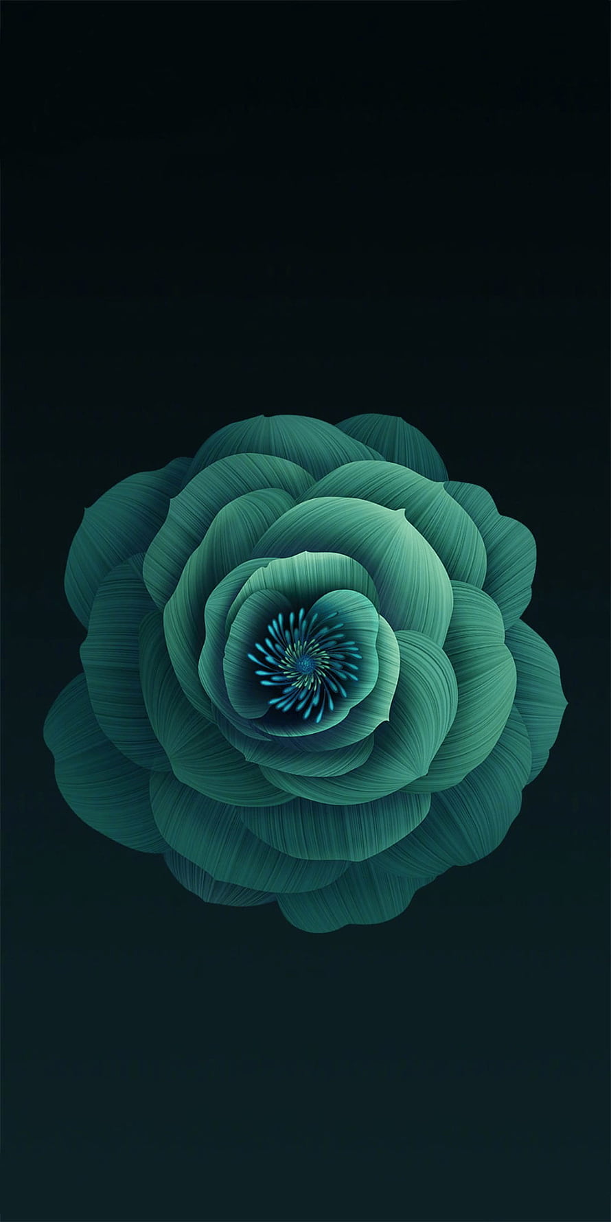 Dark Teal Abstract Flower with Intricate Petal Textures and Glowing Blue Center HD phone wallpaper