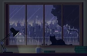 Pixel Art Cat Watching Rainy City Night From Window With Desk Lamp HD wallpaper