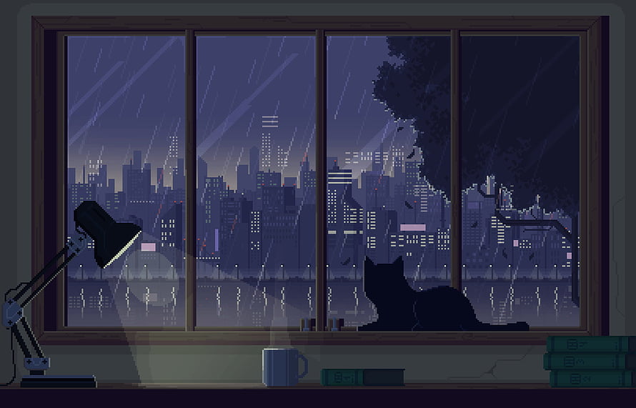Pixel Art Cat Watching Rainy City Night From Window With Desk Lamp HD wallpaper