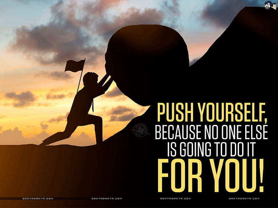 Motivational Silhouette of Person Pushing Boulder at Sunset with Flag HD wallpaper