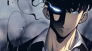Solo Leveling Anime Character with Glowing Blue Eyes in Rainy Atmosphere HD wallpaper