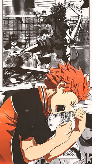 Haikyuu!! Anime Artwork Featuring Hinata and Kageyama in Intense Volleyball Action HD phone wallpaper