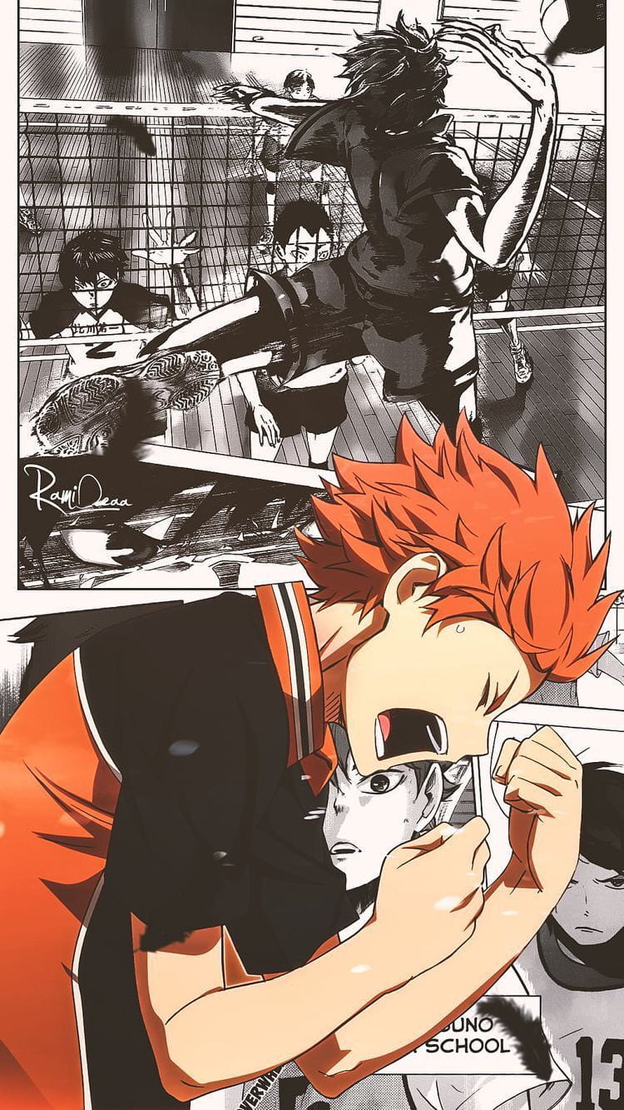 Haikyuu!! Anime Artwork Featuring Hinata and Kageyama in Intense Volleyball Action HD phone wallpaper