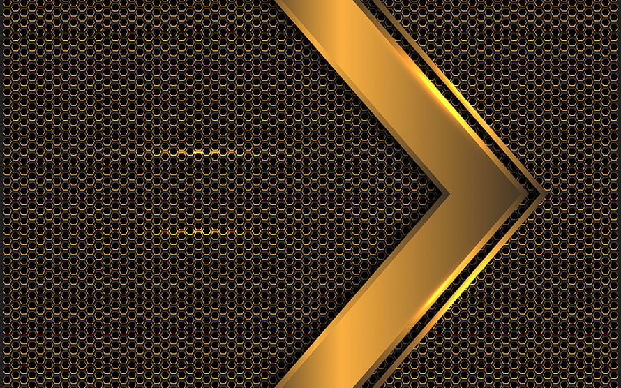 Gold Chevron Arrow on Dark Hexagonal Metal Mesh Background HD wallpaper