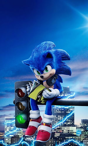 Sonic The Hedgehog Movie Poster Sitting On Traffic Light With City Skyline HD phone wallpaper